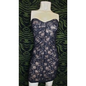 Black & beige lace strapless mini dress
